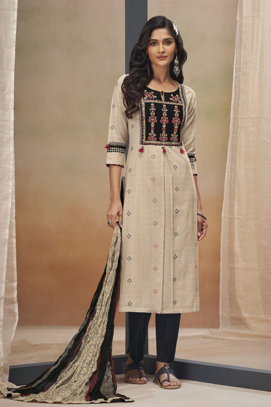 Beige with Black Zari Weaving and Multicolor Embroidery work Straight Cut Salwar Suit - Seasons Chennai