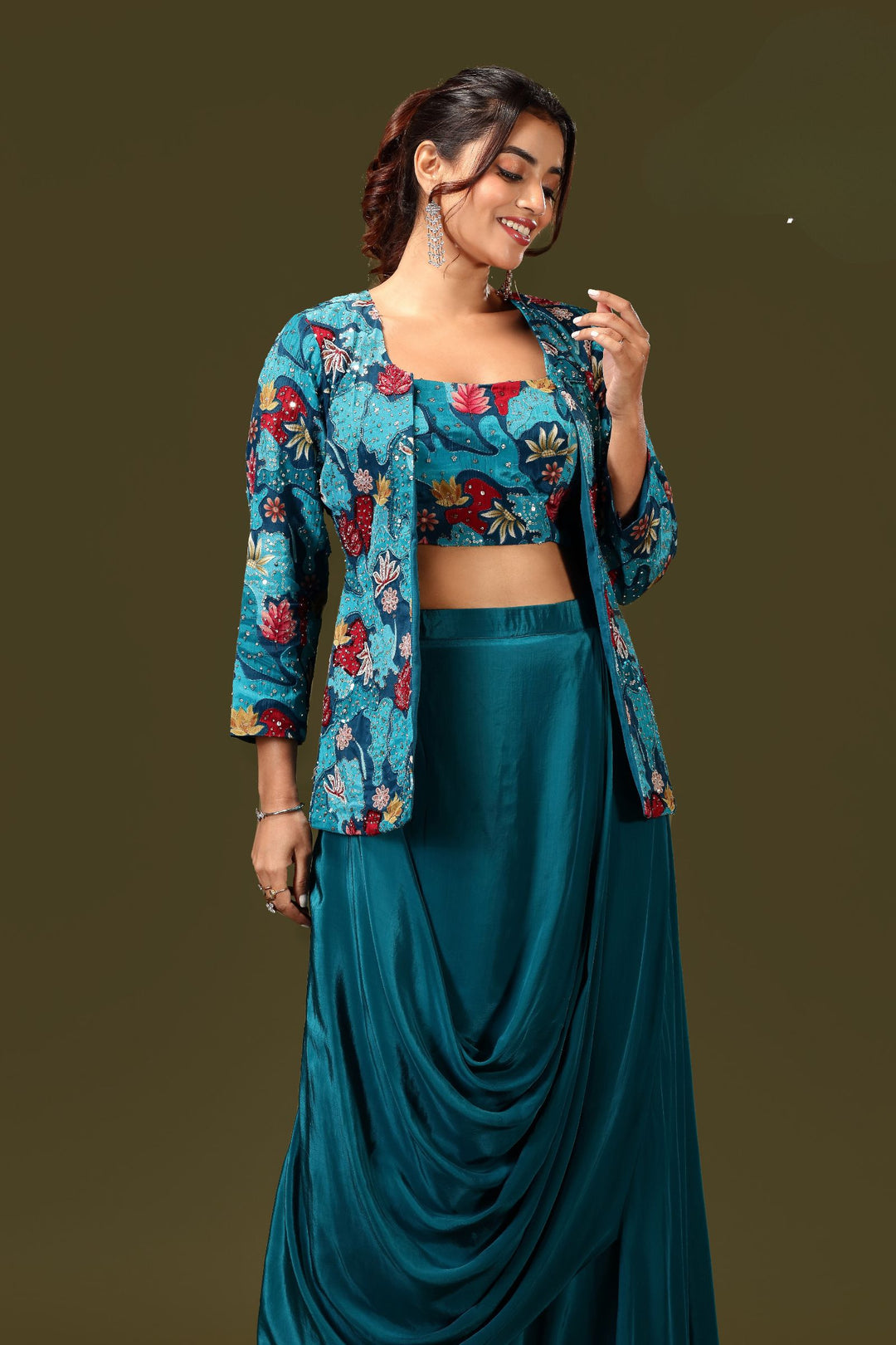 Peacock Green with Multicolor Digital Print Overcoat Styled Cowl Lehenga with Crop Top