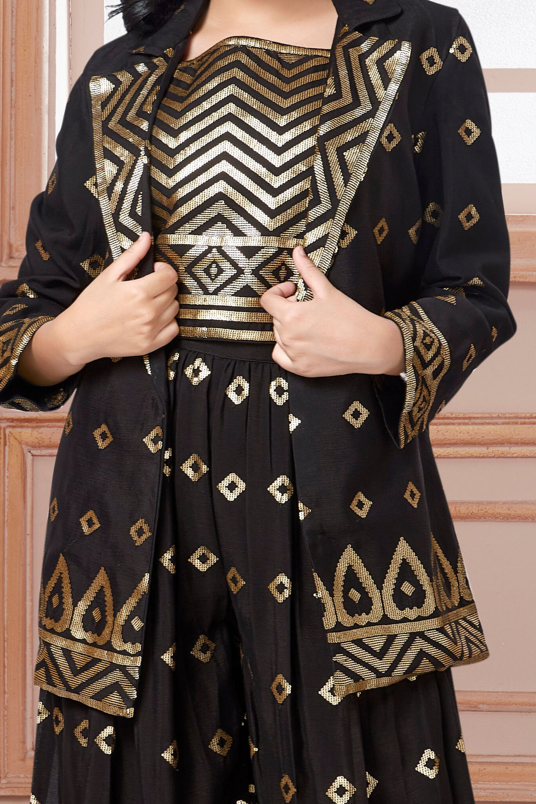 Black Sequins work Overcoat Styled Palazzo Set For Girls