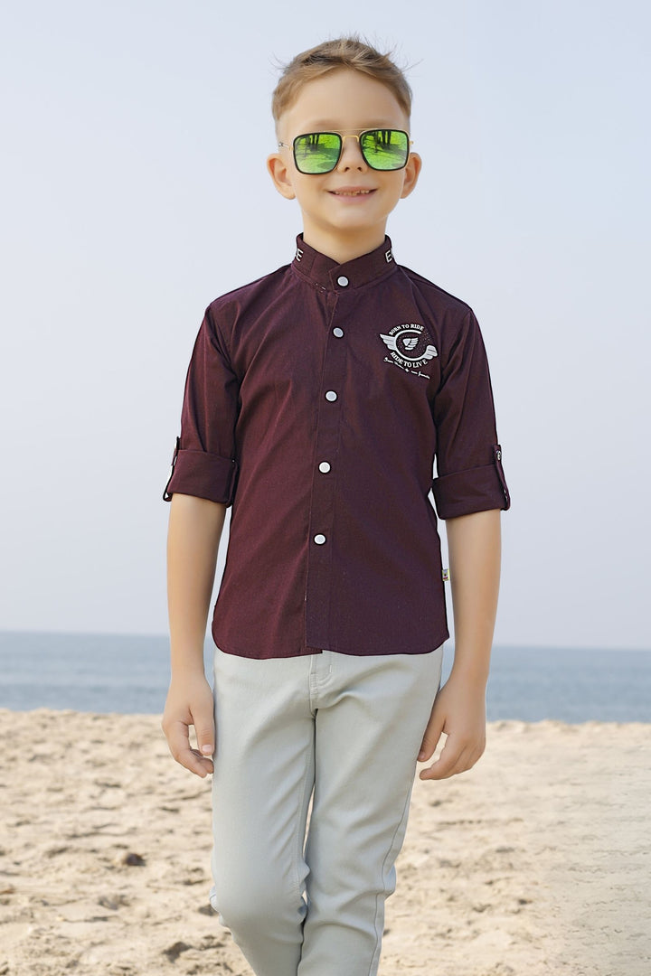 Wine with Light Green Casual wear Printed Shirt and Pant Set for Boys