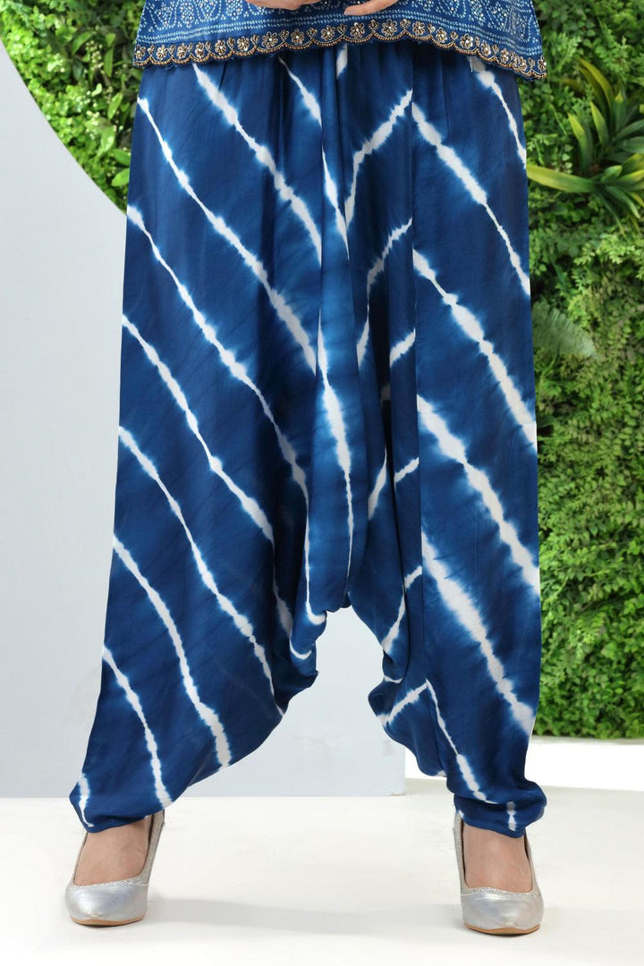 Blue Bandini Print, Stone, Sequins and Beads work Top with Harem Pant - Seasons Chennai