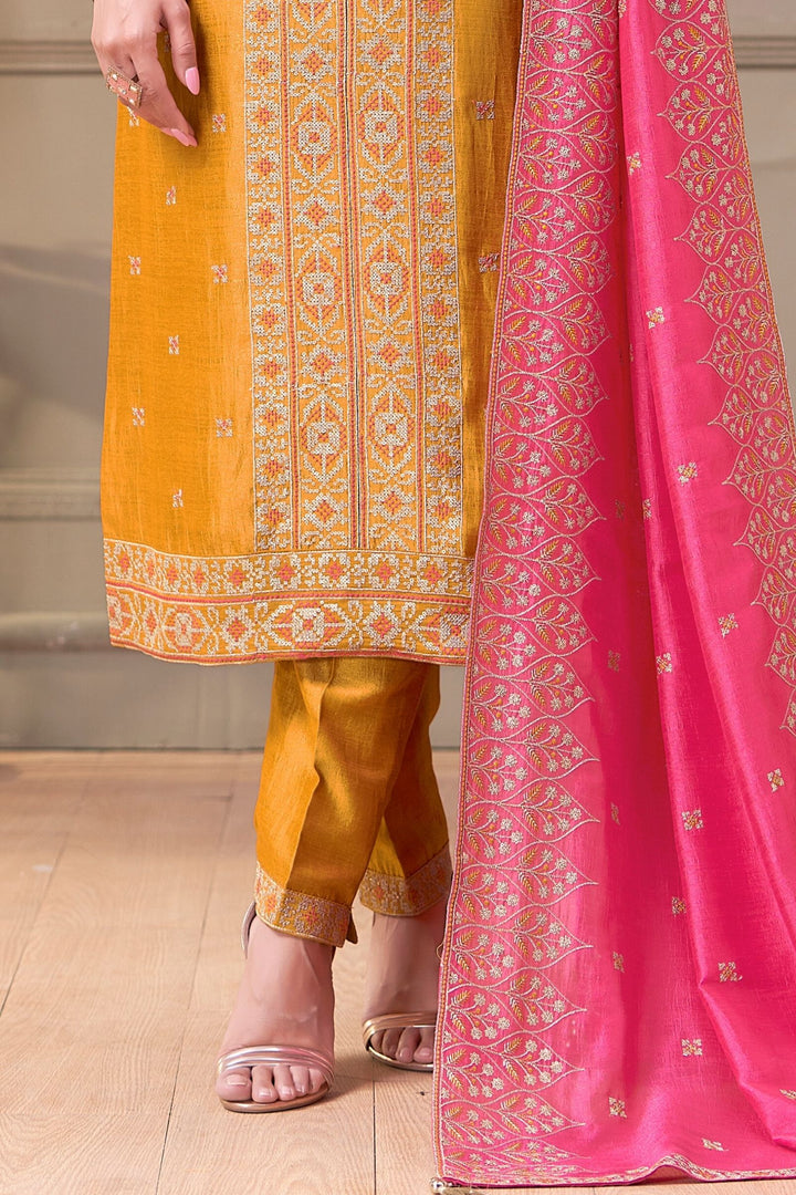 Yellow Sequins and Zari Thread work Straight Cut Salwar Suit