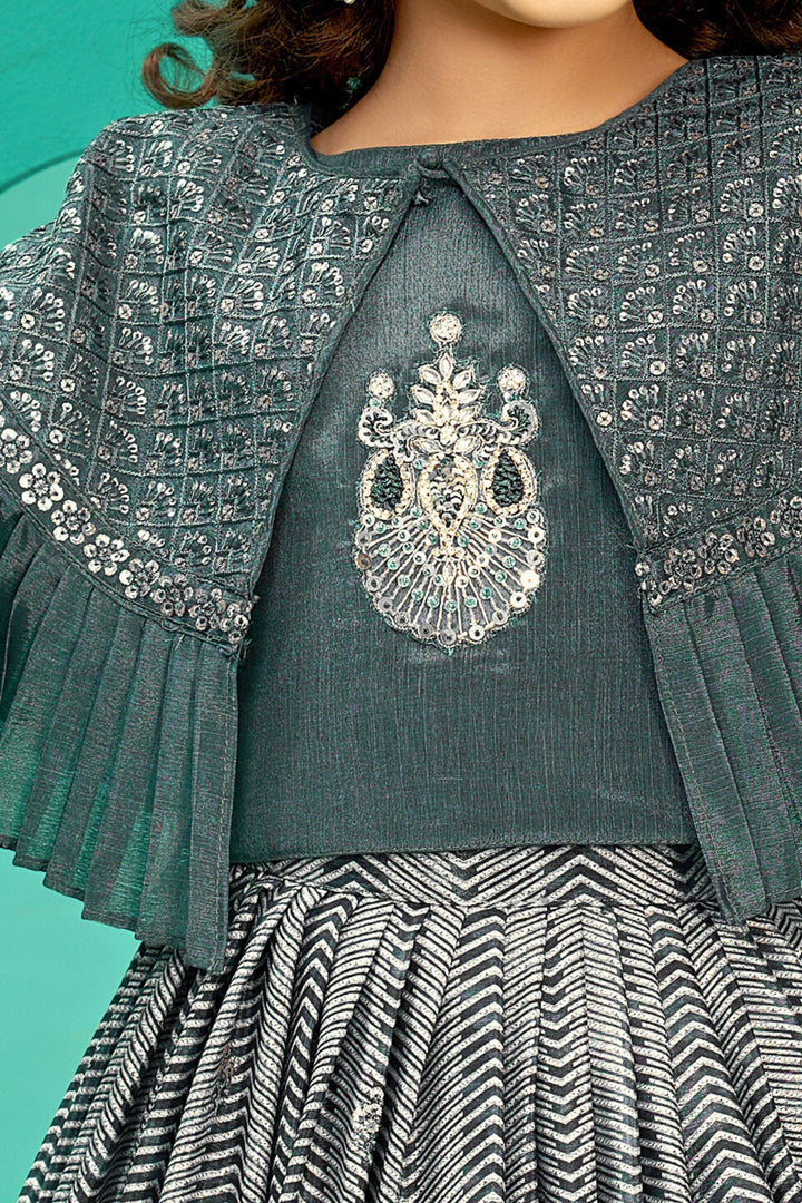 Grey Beads, Sequins, Stone and Thread work Cape Pattern Lehenga Choli for Girls