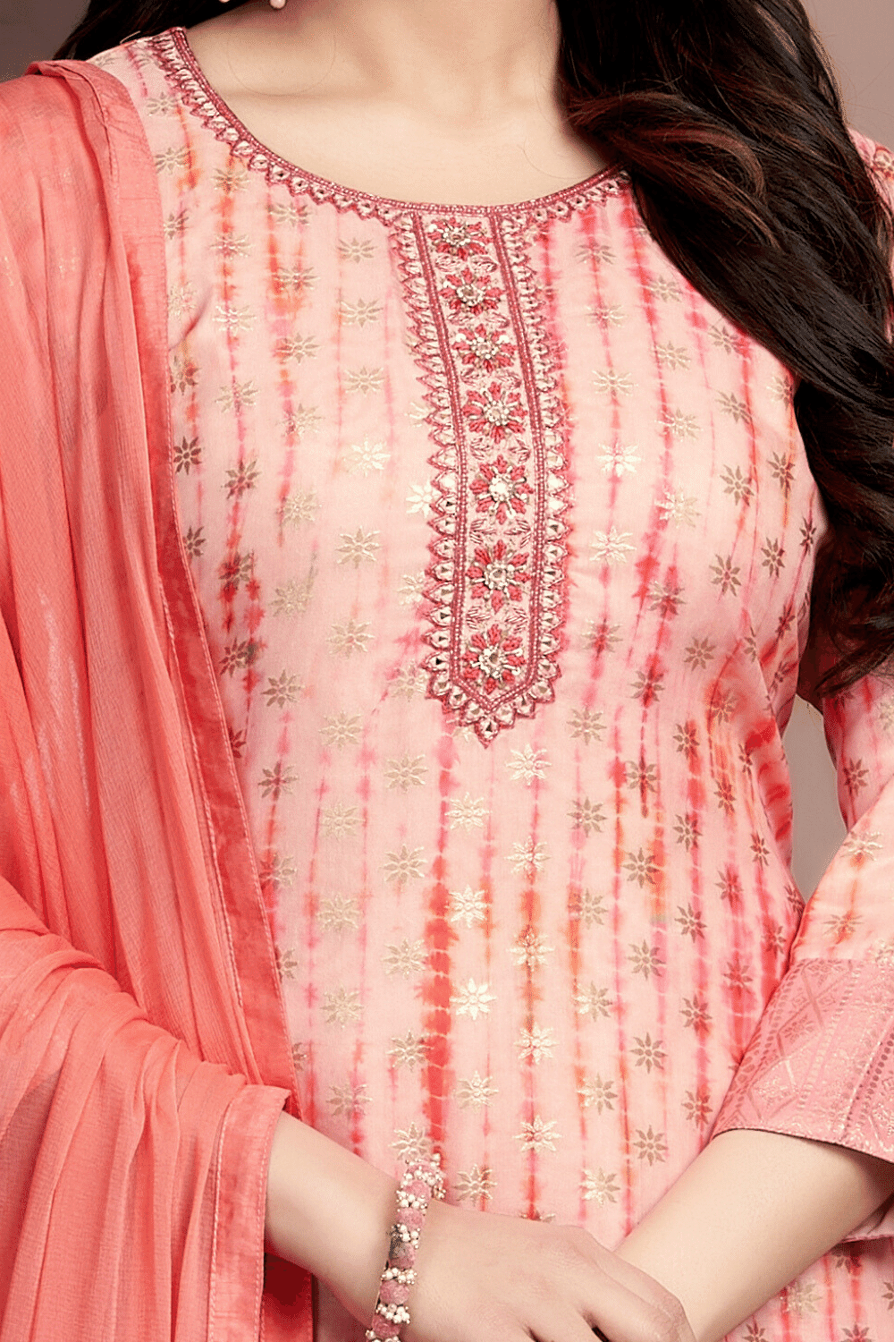 Peach with Orange Mirror, Zardozi, Thread and Pearl work Straight Cut Salwar Suit - Seasons Chennai