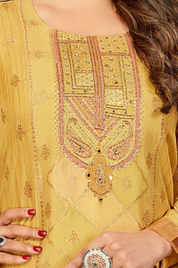 Yellow Zari, Beads, Mirror and Banaras work Straight Cut Salwar Suit - Seasons Chennai