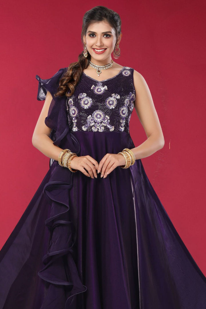 Violet Sequins and Beads work Floor Length Anarkali Suit