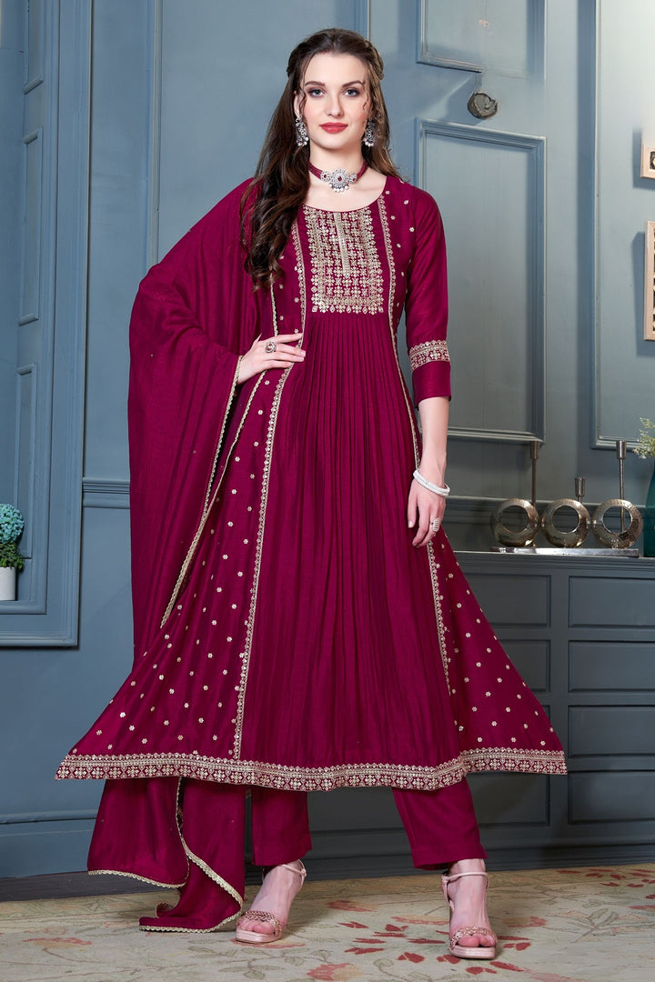 Maroon Zari, Thread and Sequins work Anarkali Style Salwar Suit with Straight Pants
