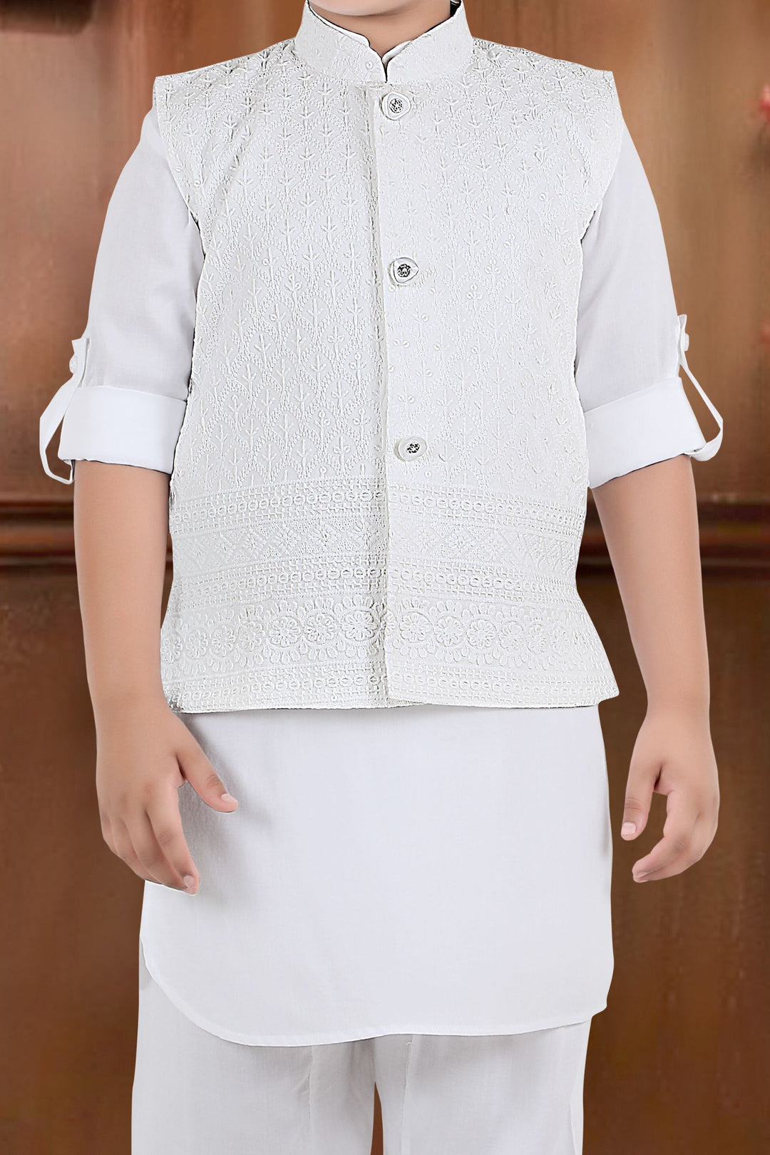 White Thread and Sequins work Waist Coat Kurta Set for Boys