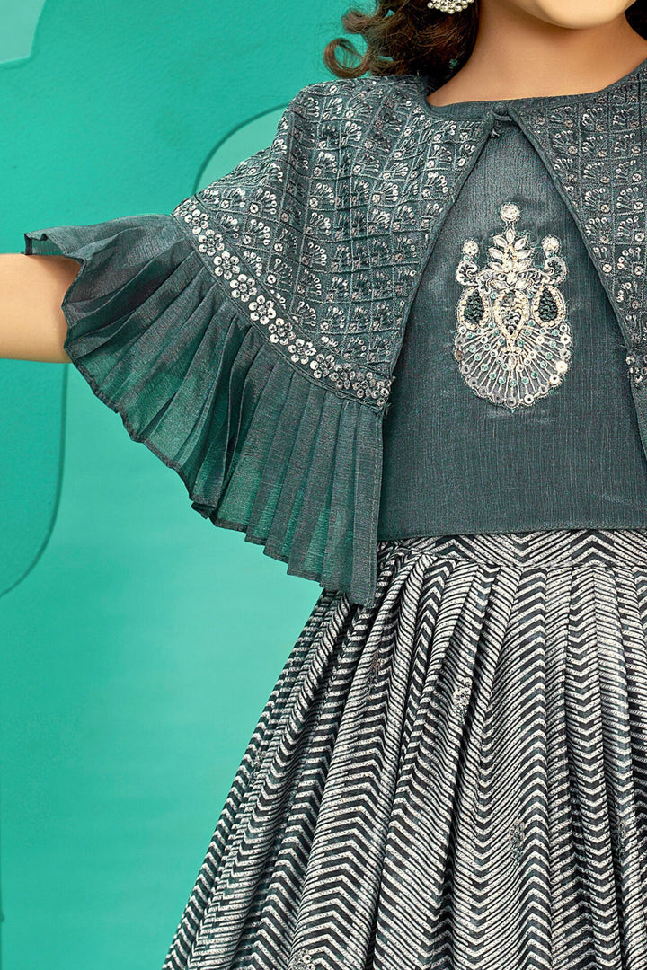 Grey Beads, Sequins, Stone and Thread work Cape Pattern Lehenga Choli for Girls