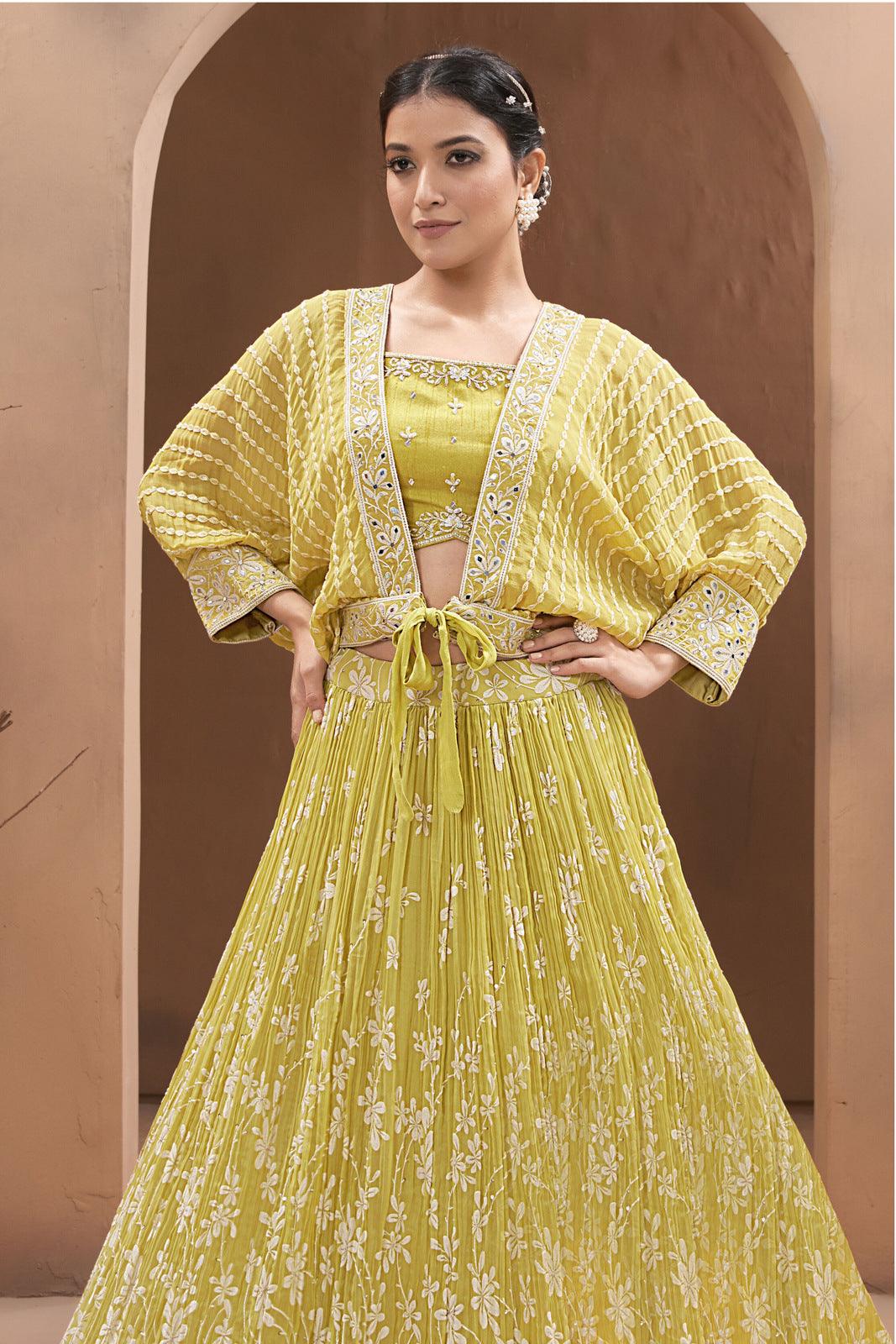 Light Green Thread and Sequins work Poncho Overcoat Styled Crop Top Lehenga - Seasons Chennai