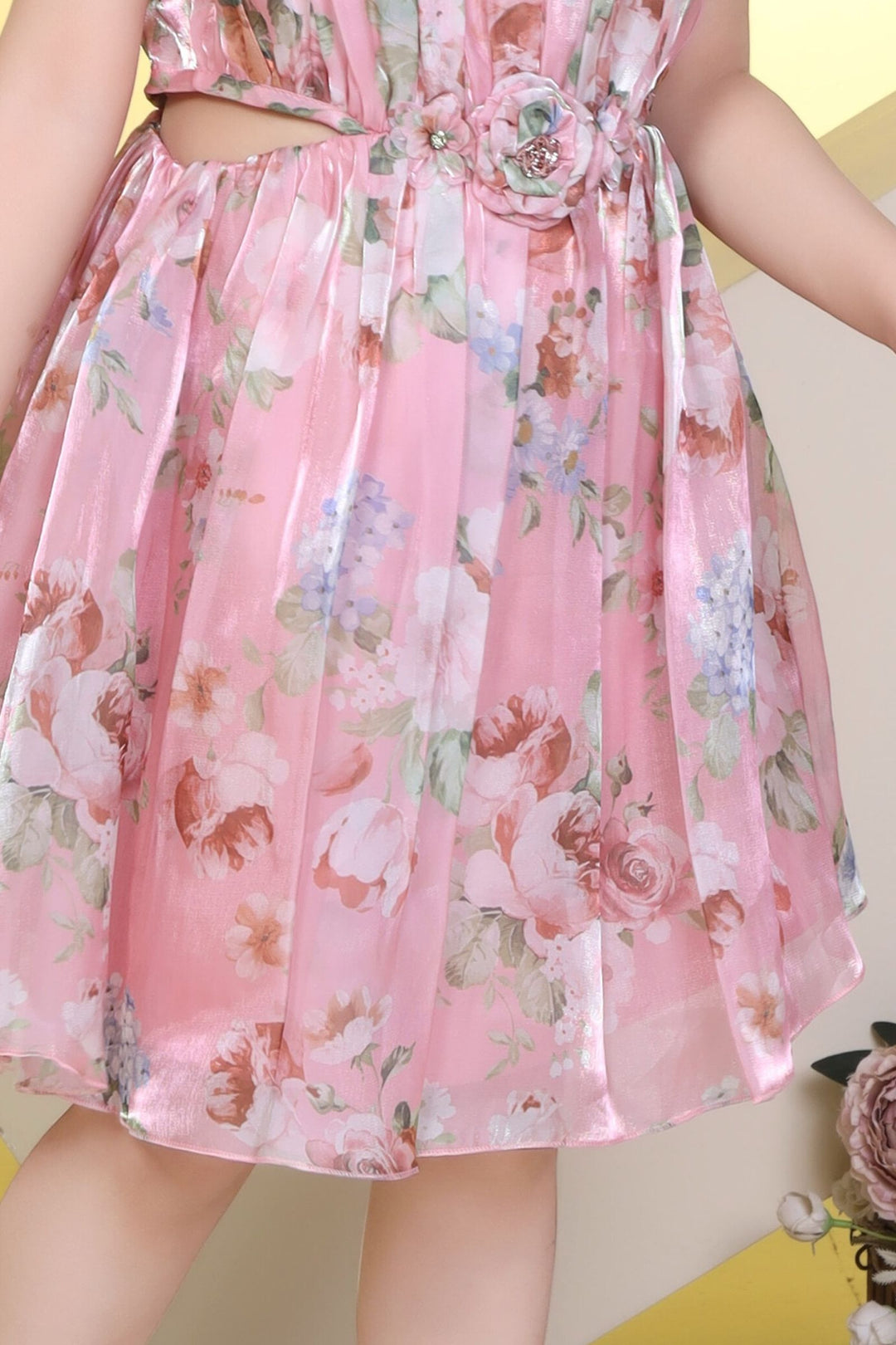 Peach Floral Print Knee Length Frock For Girls