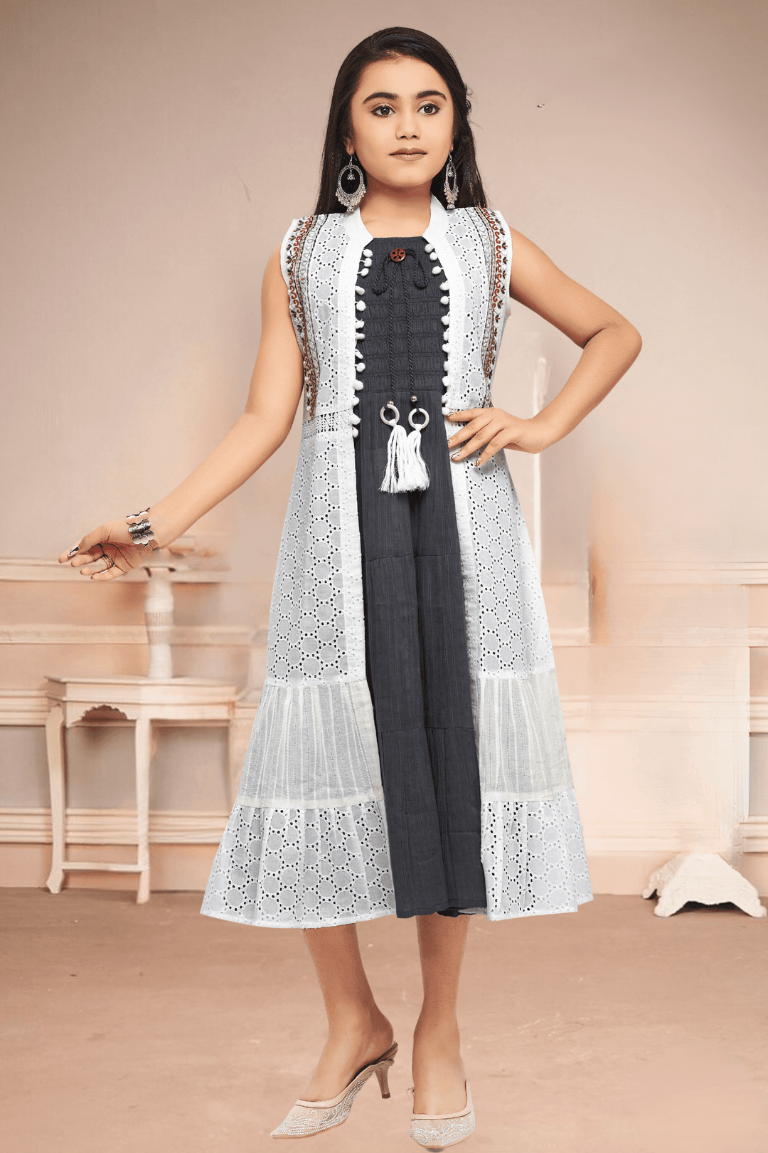 Grey with White Mirror, Thread and Zari work Overcoat Style Frock for Girls - Seasons Chennai