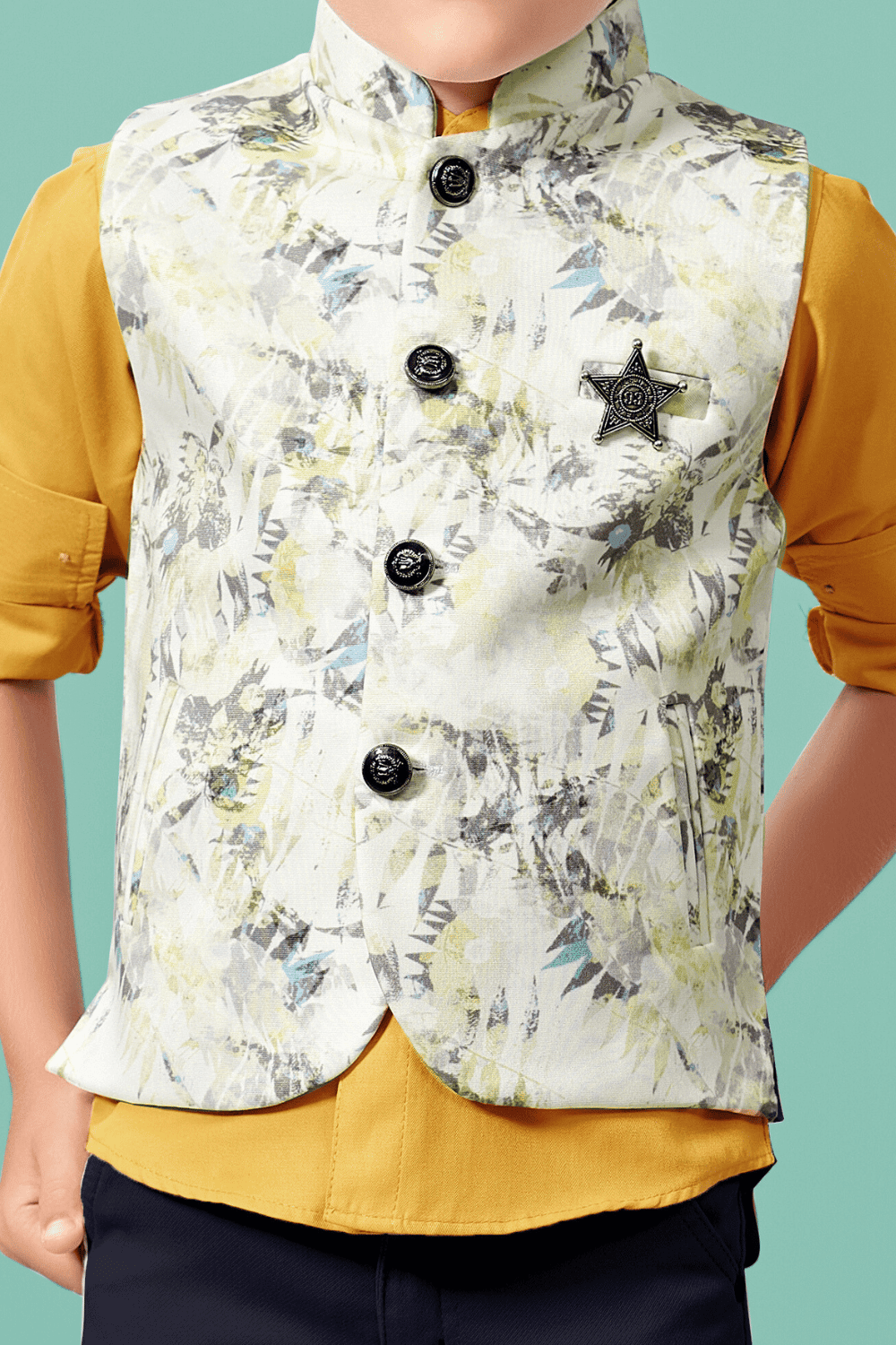Gold and Cream Printed Waist Coat and Navy Blue Pant Set for Boys with Belt - Seasons Chennai