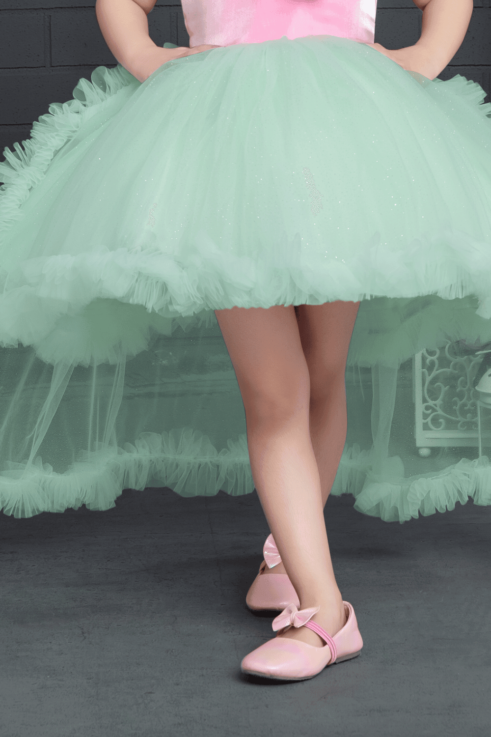 Pink with Sea Green Pearl and Glitter work Knee Length Ball Frock for Girls - Seasons Chennai