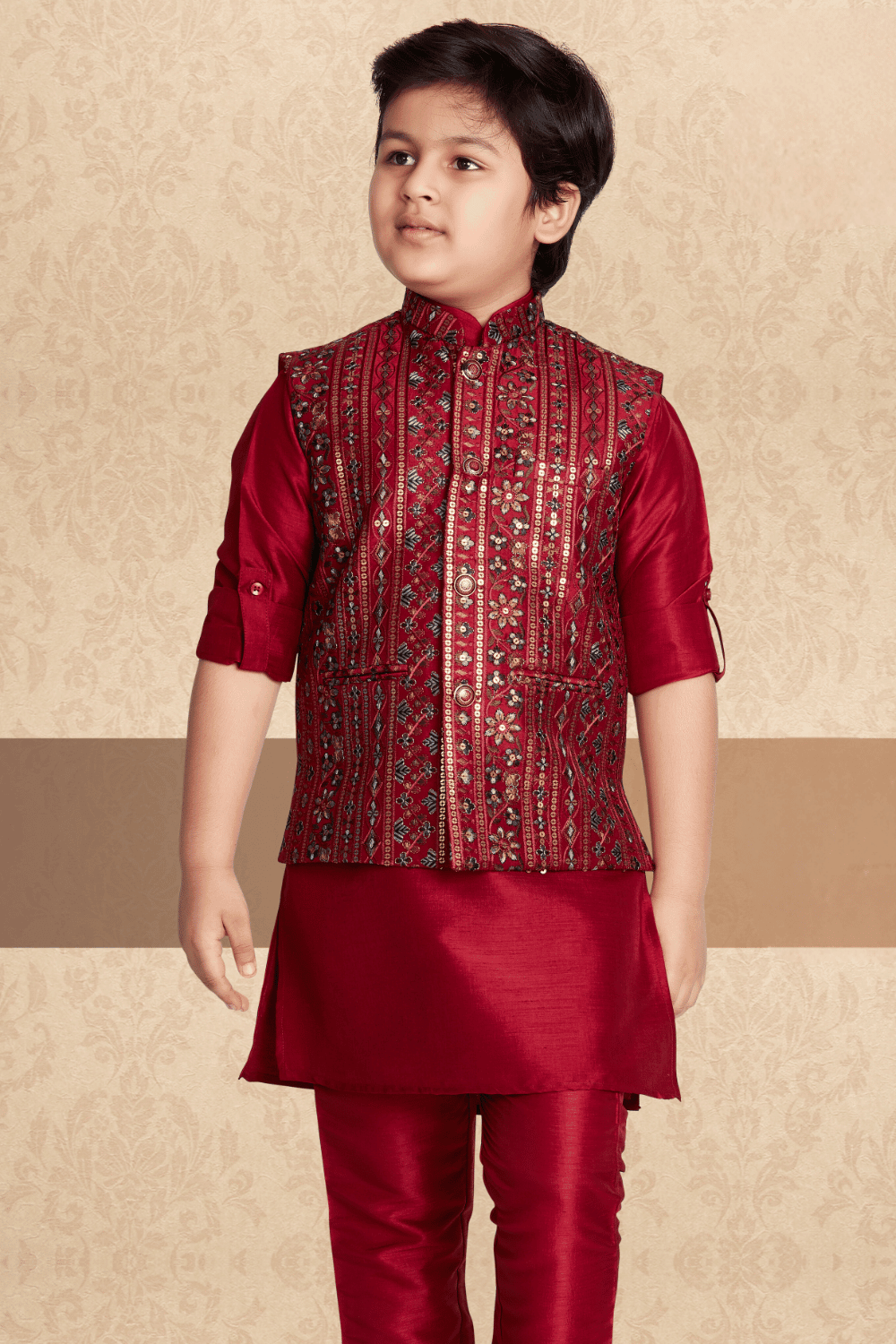 Maroon Embroidery and Sequins work Waist Coat Kurta Set for Boys - Seasons Chennai