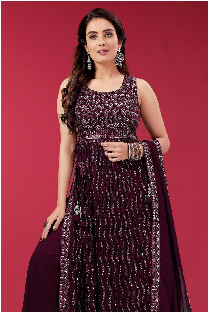 Wine Thread and Sequins work Salwar Suit with Palazzo Pants - Seasons Chennai