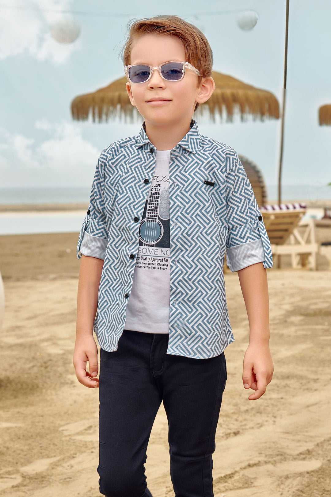 White with Blue Printed Blazer, T-Shirt and Navy Blue Pant Set for Boys with Belt