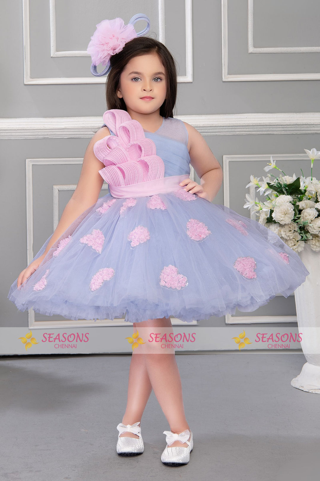 Sky Blue with Pink Sequins work Short Partywear Frock for Girls