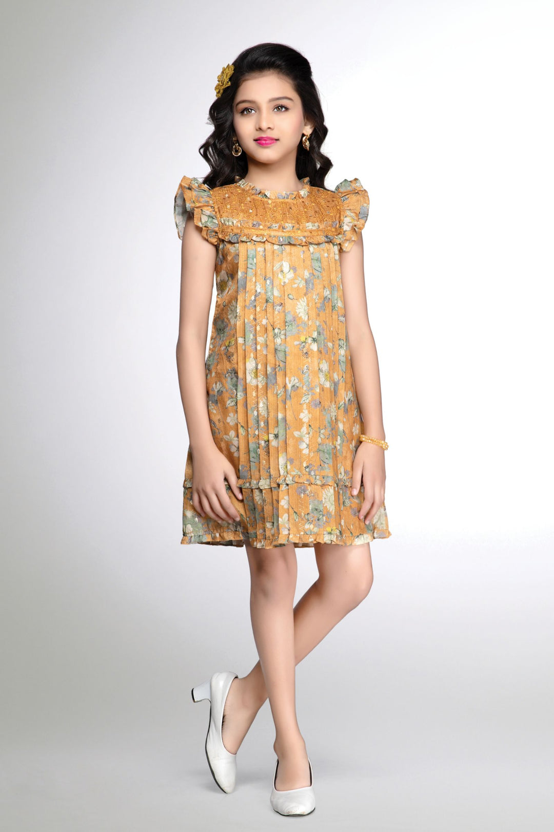 Mustard Zari and Thread work with Floral Print Knee Length Casual Frock for Girls