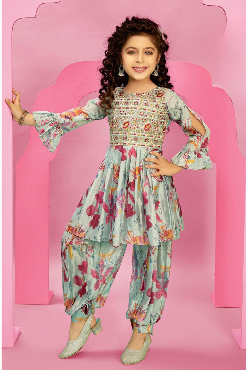 Sea Green Multicolor Embroidery and Sequins work with Digital Print Afghani Set for Girls - Seasons Chennai