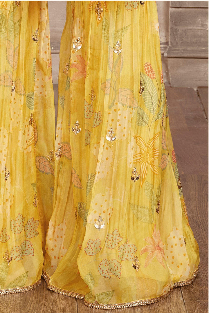Yellow Zari and Sequins work with Digital Print Alia Cut Peplum Top and Sharara Set for Girls - Seasons Chennai