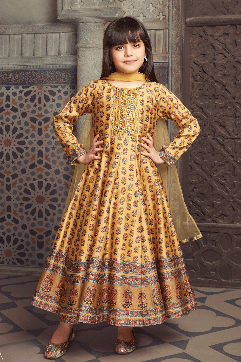 Yellow Digital Print, Mirror, Thread and Sequins work Anarkali Style Salwar Suit for Girls - Seasons Chennai