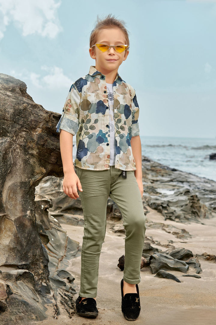 Green with White Printed Blazer, T-Shirt and Pant Set for Boys with Belt