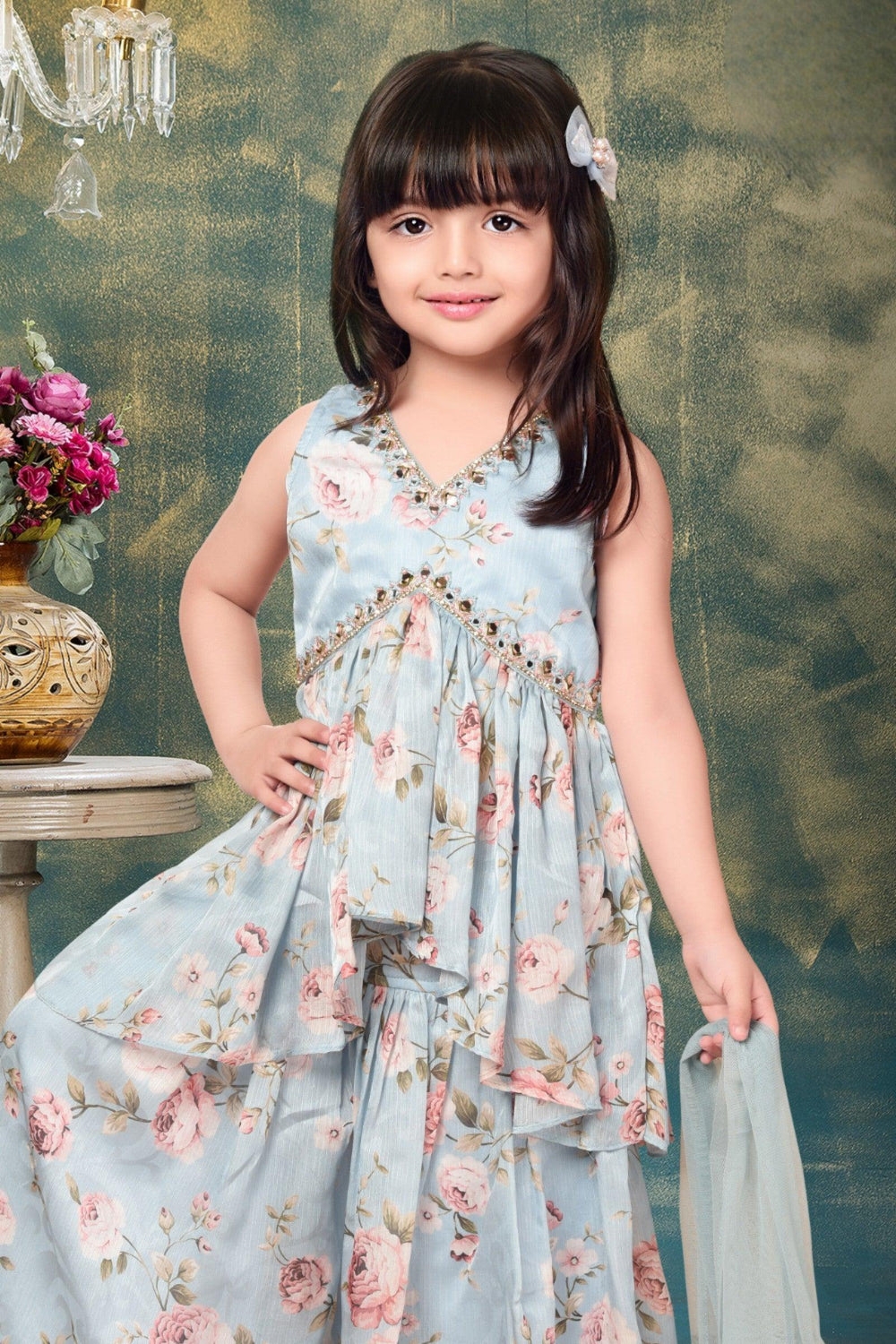 Sky Blue Floral Print, Mirror and Stone work Peplum Style Sharara Suit Set for Girls - Seasons Chennai