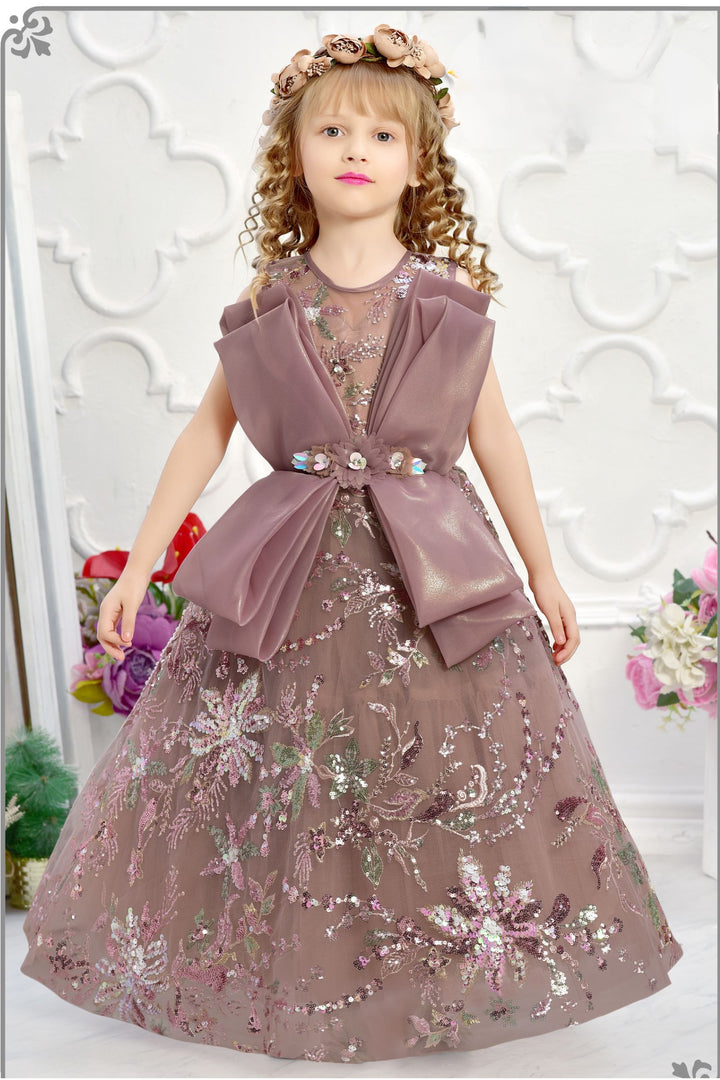 Onion Pink Sequins and Thread work Long Party Frock for Girls