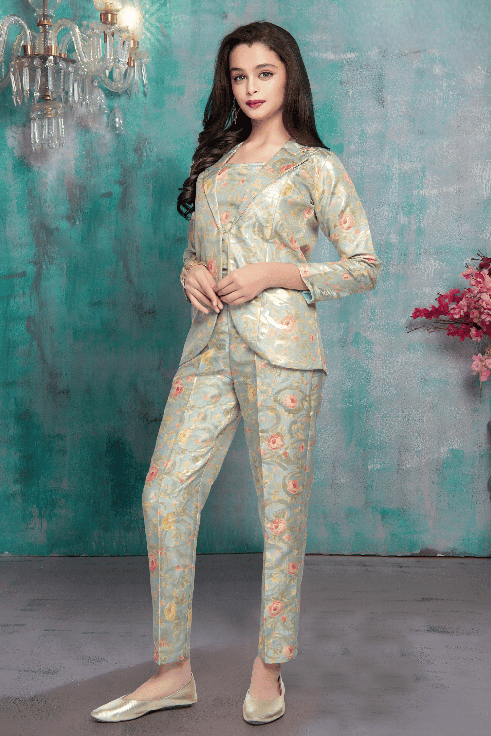 Pista Green Digital Print Overcoat Styled Co-ord Set for Girls - Seasons Chennai