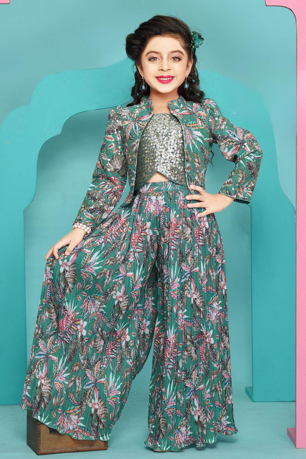 Green Sequins and Thread work with Digital Print Overcoat Styled Palazzo Suit Set For Girls - Seasons Chennai