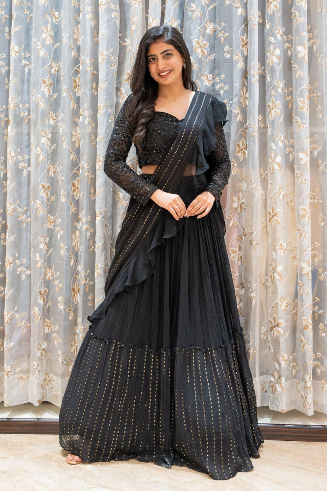Black Beads and Sequins work Drape Style Crop Top Lehenga - Seasons Chennai