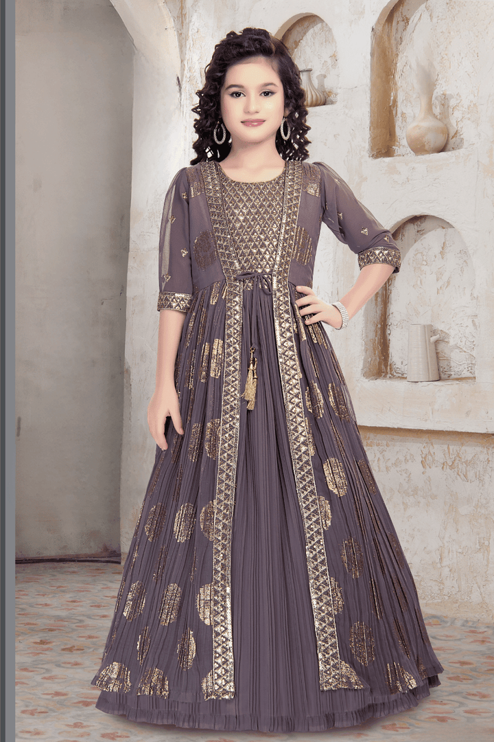 Lilac Zari and Sequins work Overcoat Styled Long Party Gown for Girls - Seasons Chennai