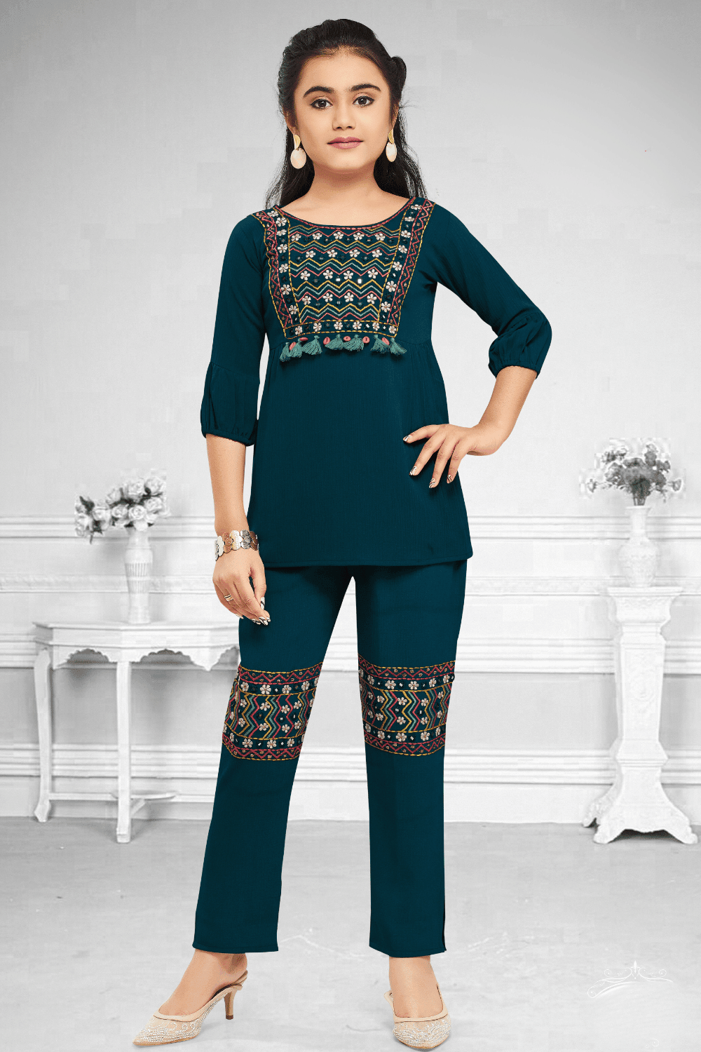 Peacock Blue Embroidery and Mirror work Co-ord Set for Girls - Seasons Chennai