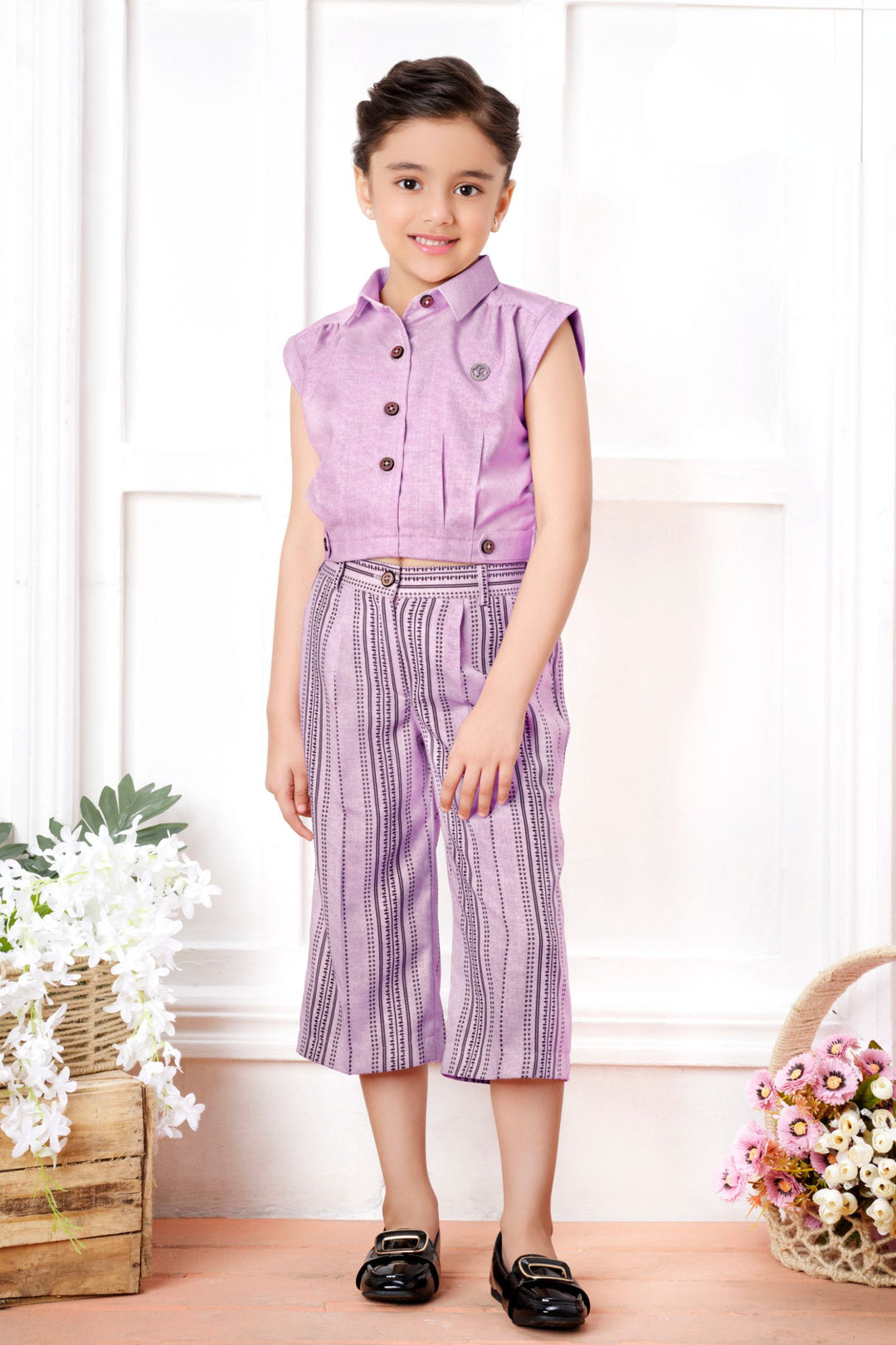 Lavender Top with Printed Culottes for Girls
