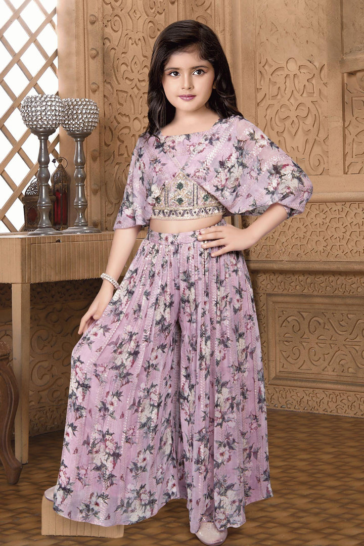 Lilac Sequins, Beads and Mirror work Poncho Style Palazzo Suit Set For Girls - Seasons Chennai