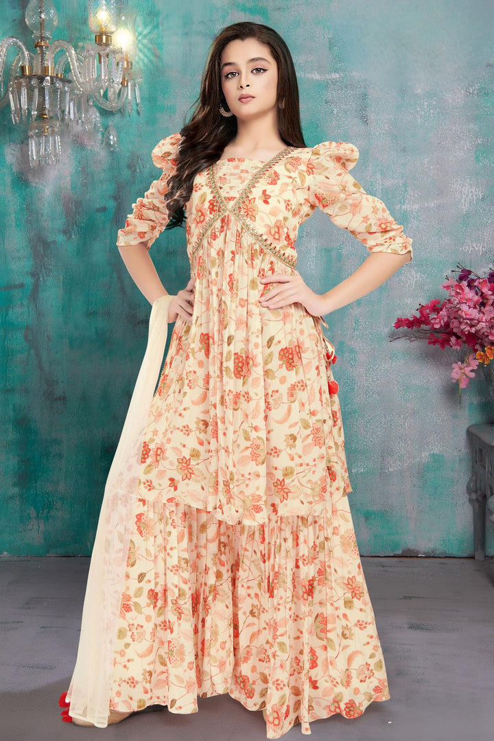Cream Floral Print, Mirror and Zardozi work Alia Cut Peplum Top and Sharara Set for Girls - Seasons Chennai