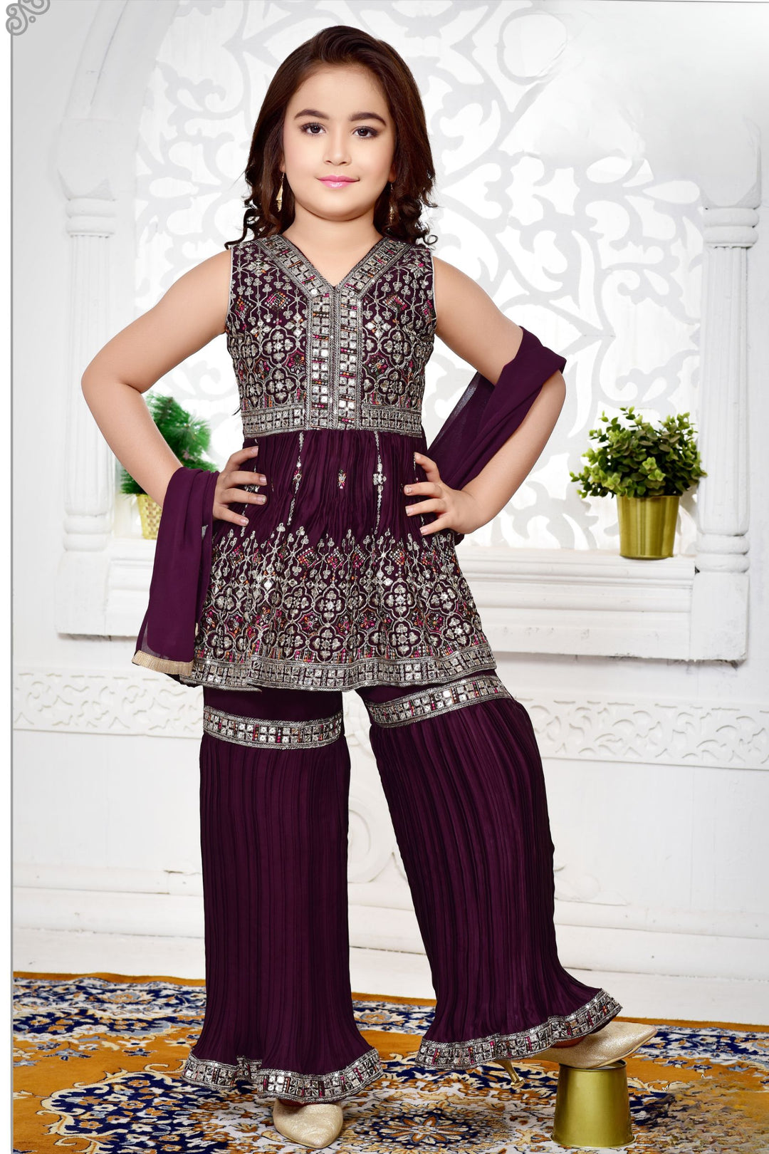 Wine Zari, Sequins and Thread work Peplum Style Sharara Suit Set for Girls