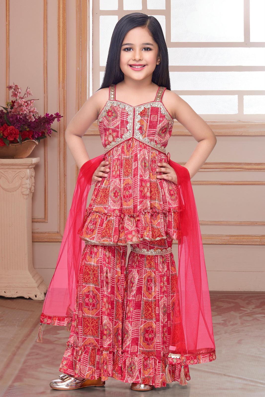 Pink with Digital Print and Zari work Alia Cut Peplum Top and Sharara Set for Girls - Seasons Chennai