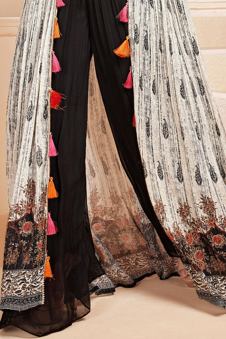 Black with Cream Mirror, Zari, Beads, Thread and Sequins work Long Over Coat Crop Top Palazzo Set - Seasons Chennai