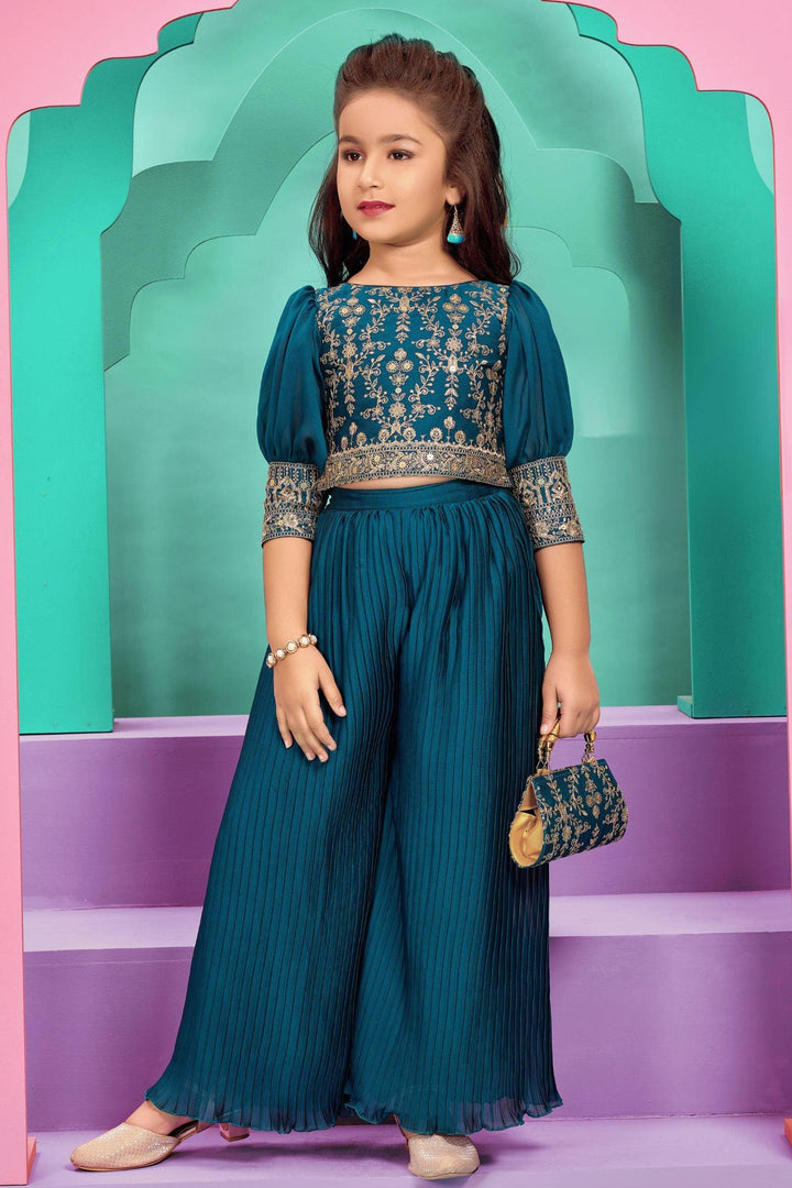 Peacock Blue Zari and Sequins work with Bag Palazzo Suit Set For Girls - Seasons Chennai