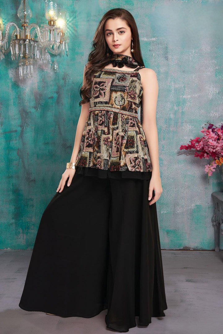 Black Mirror, Stone and Sequins work with Printed Peplum Top and Palazzo Set for Girls - Seasons Chennai