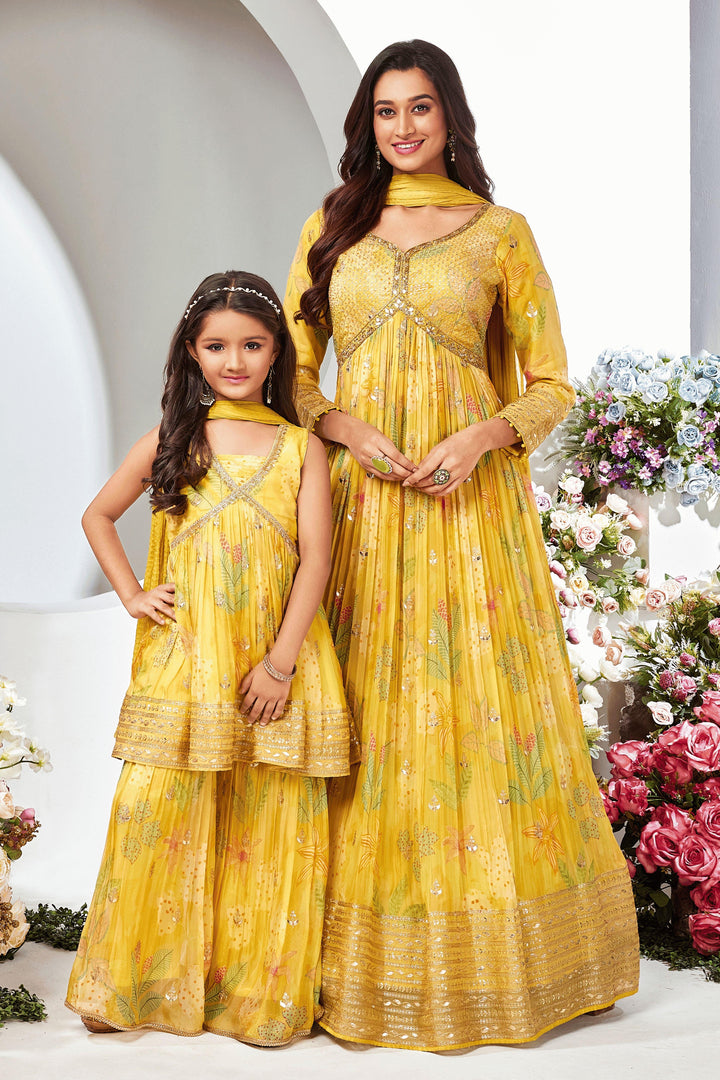 Yellow Zari, Sequins and Zardozi work with Digital Print Floor Length Alia Cut Anarkali Suit - Seasons Chennai