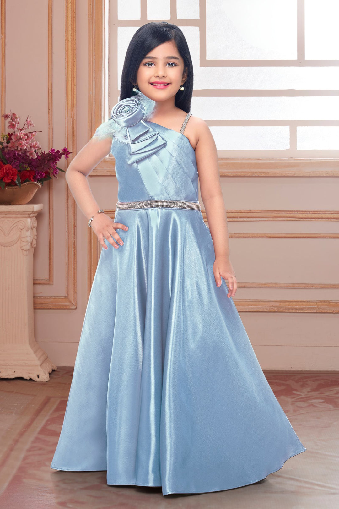 Ice Blue Stone work Long Party Frock for Girls