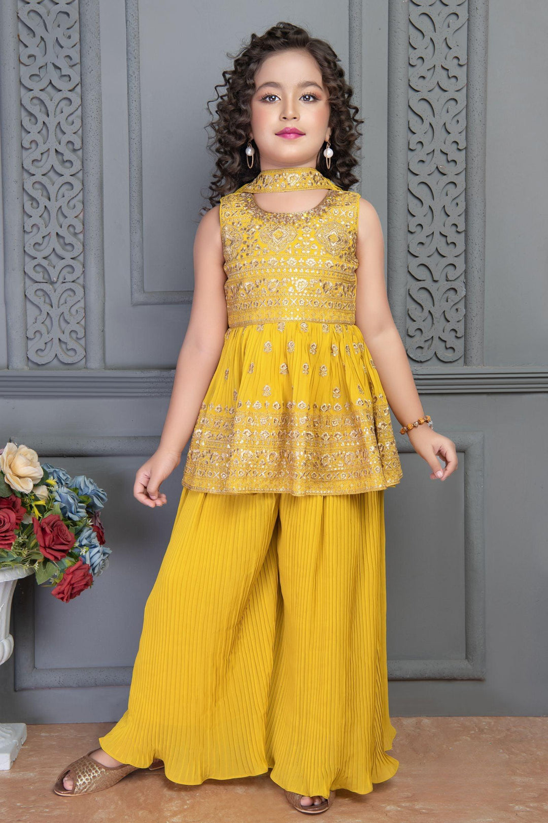 Yellow Sequins and Zari work Peplum Top and Palazzo Set for Girls - Seasons Chennai