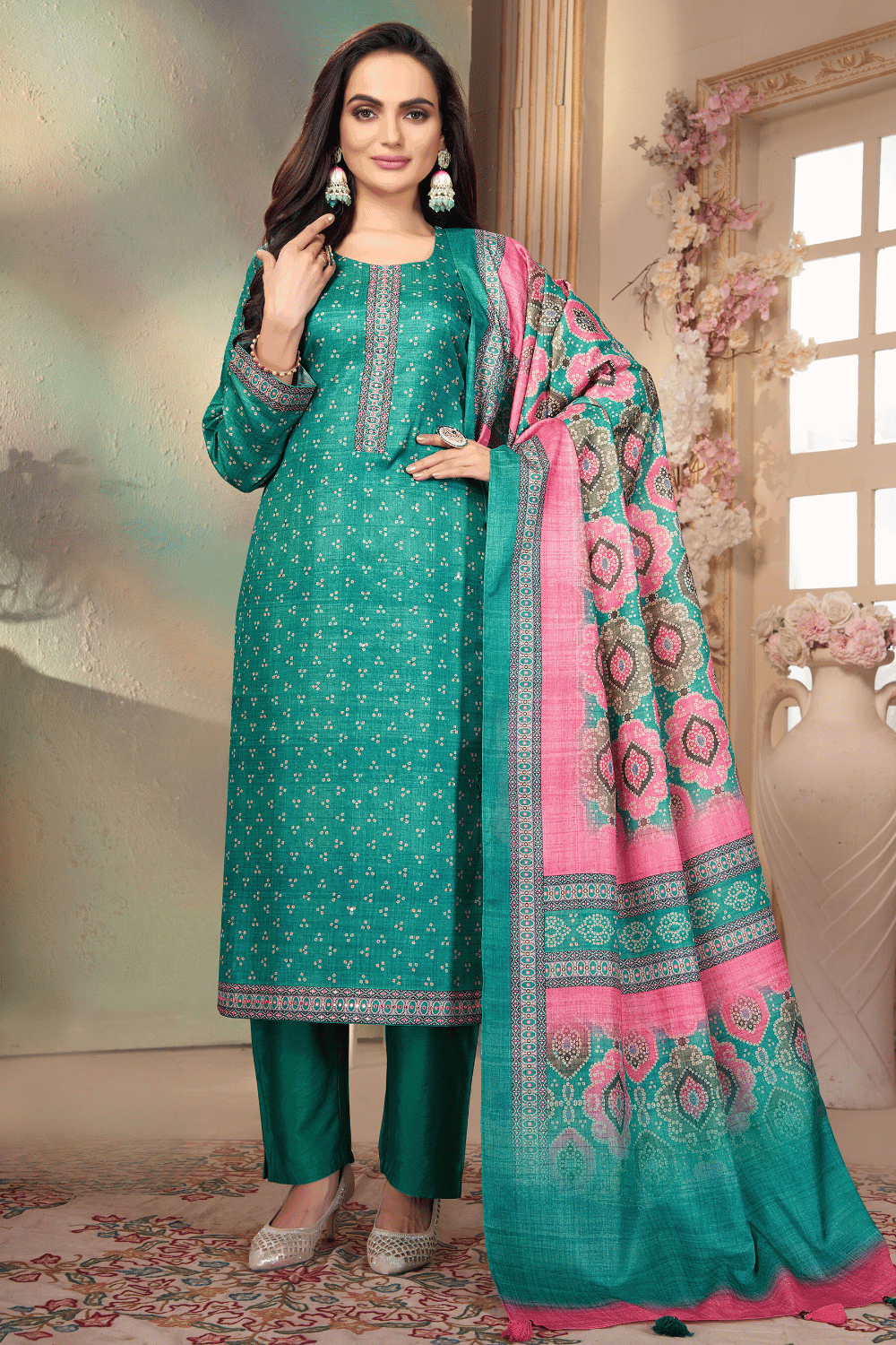 Rama Green Bandini Print, Sequins and Thread work Straight Cut Salwar Suit - Seasons Chennai