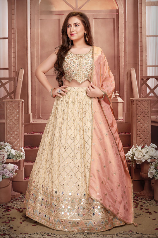 Beige Zari, Beads, Sequins and Multicolor Thread work Lehenga Choli fo
