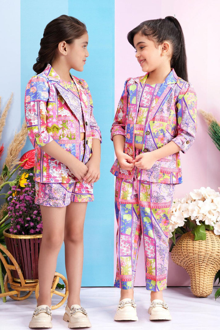 Multicolor Digital Print Overcoat Styled Pant with Shorts Co-ord Set for Girls - Seasons Chennai