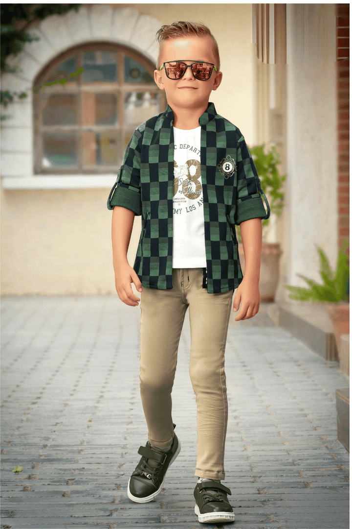 Bottle Green and White with Beige Multicolor Printed Waist Coat and Set for Boys with Belt - Seasons Chennai