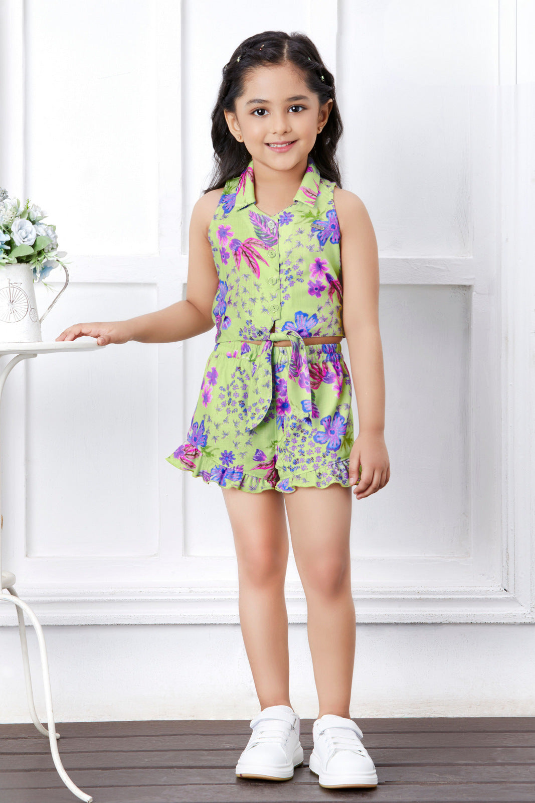 Green with Floral print Top and Shorts For Girls